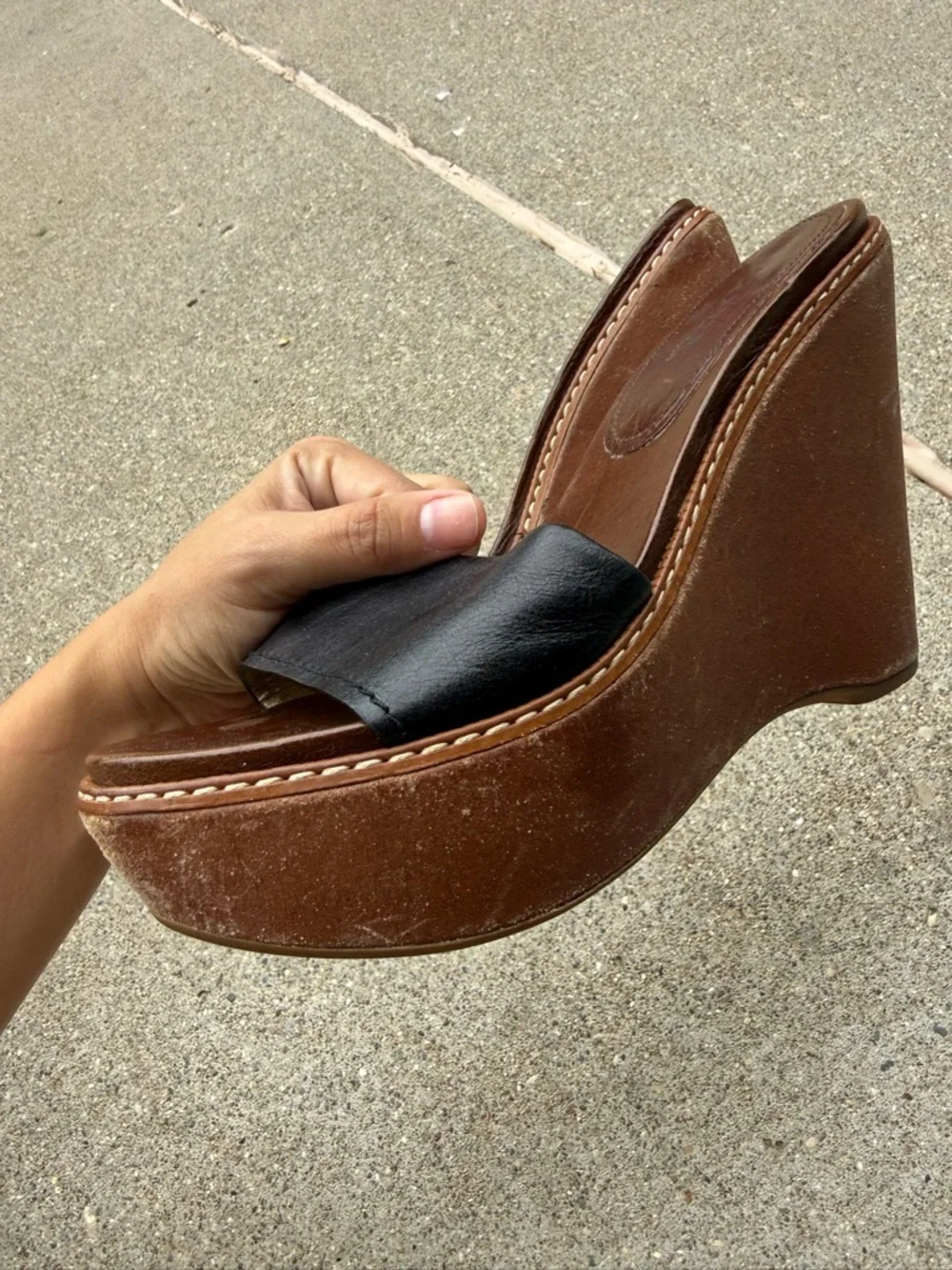 Prada Black Leather Slide Wedge Sandals with Brown Footbed